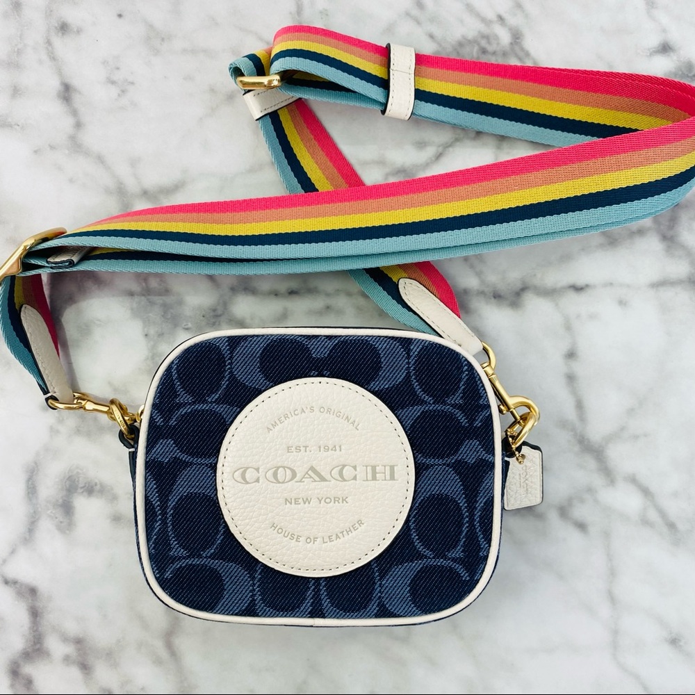Coach Mini Dempsey Denim Camera Bag In Signature Jacquard With Coach Patch